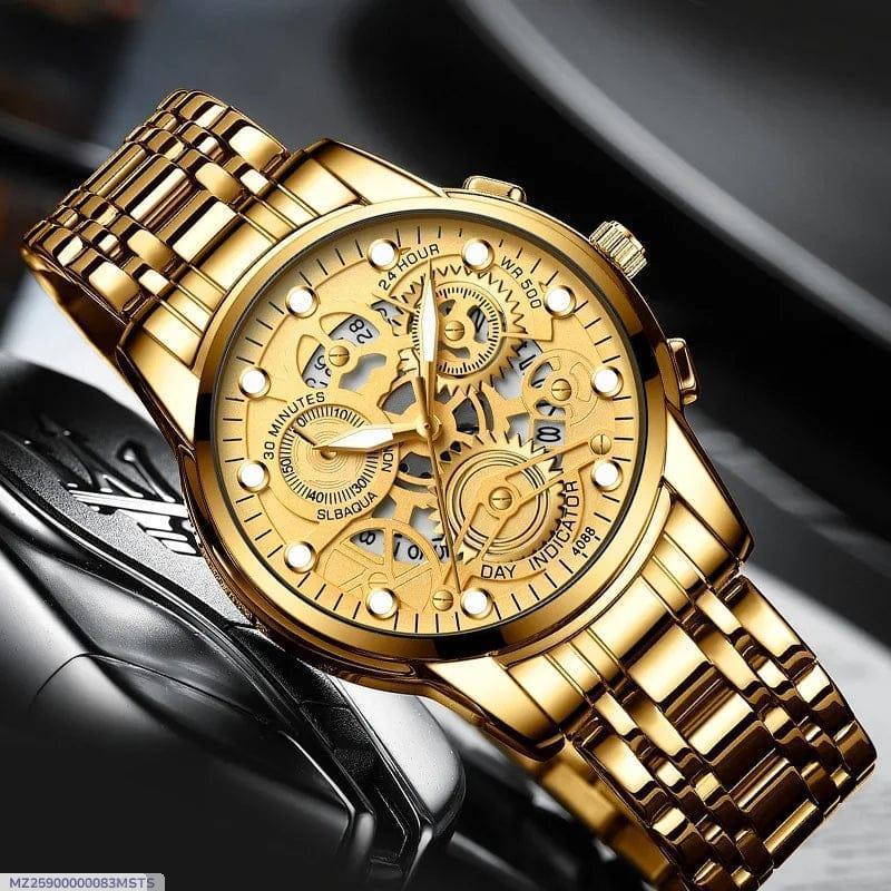 Gold wristwatch with intricate design on a dark background