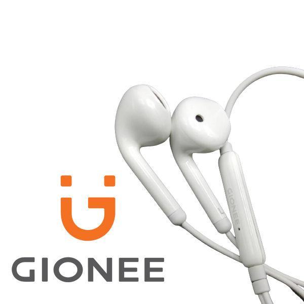 White earphones with Gionee logo on a white background