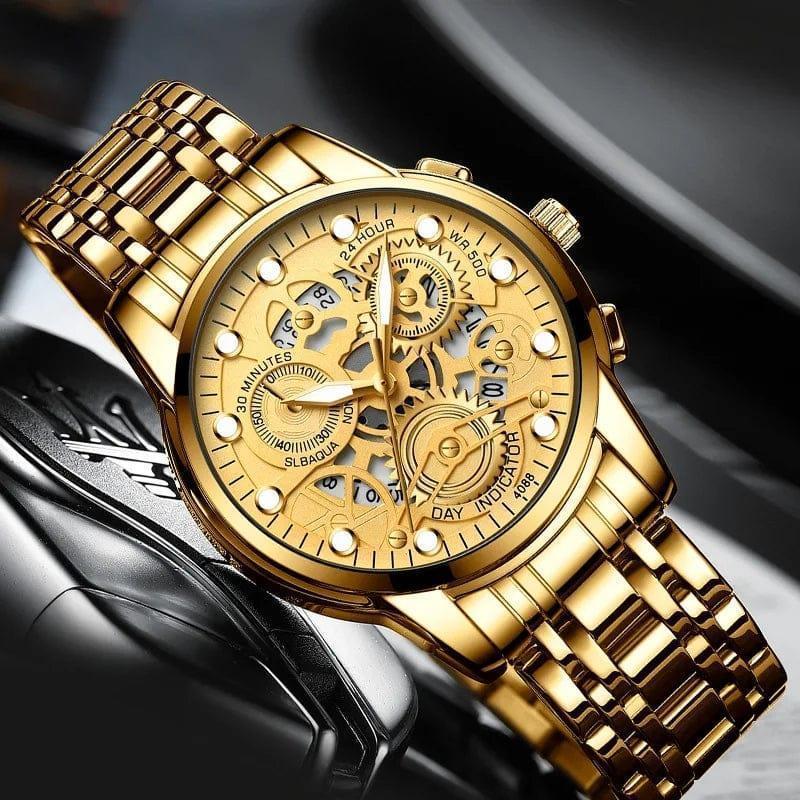 Gold wristwatch with intricate design on a dark background