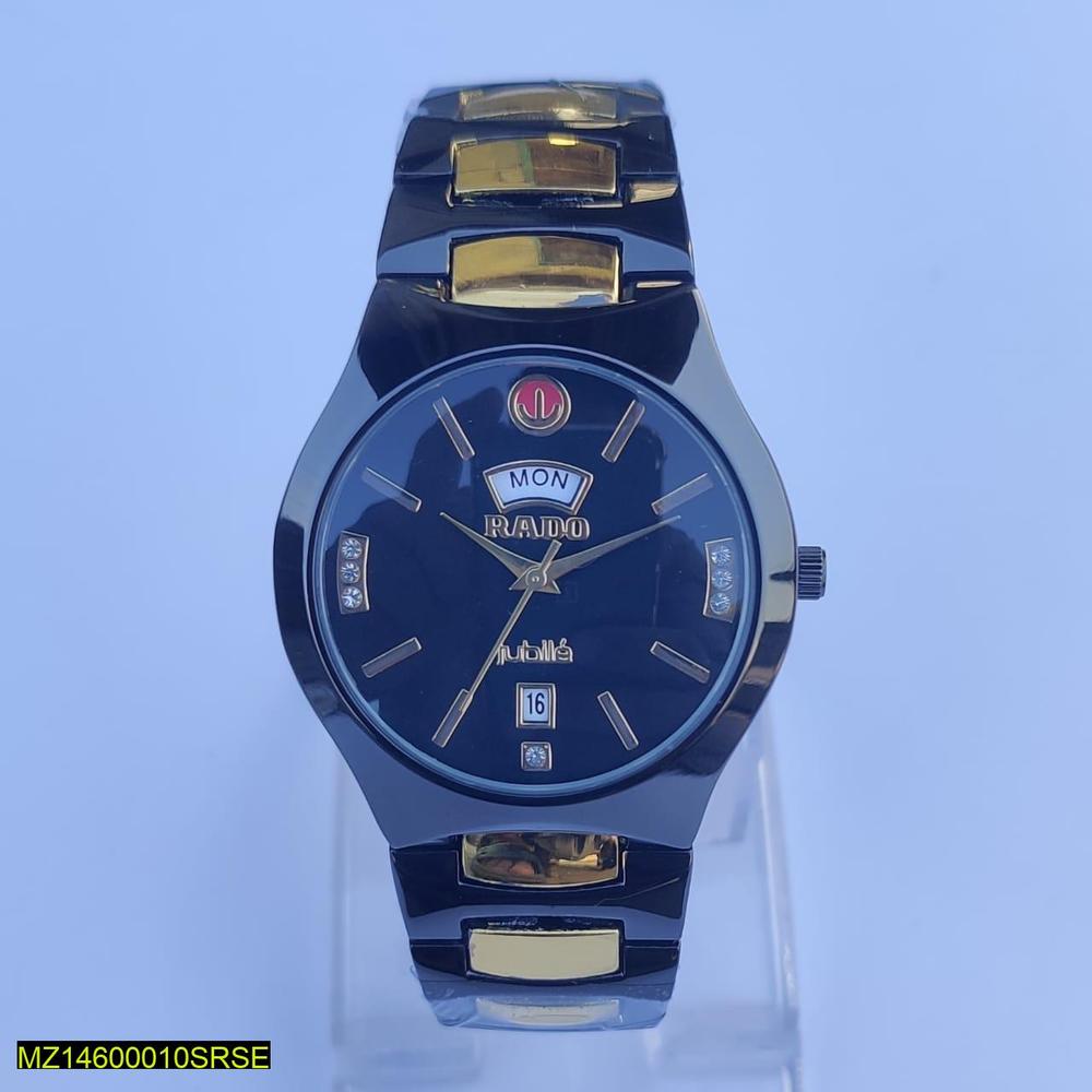 Blue watch with gold accents on a light blue background