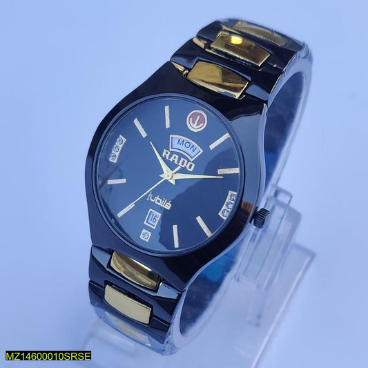 Blue Rado watch with gold accents on a light blue background