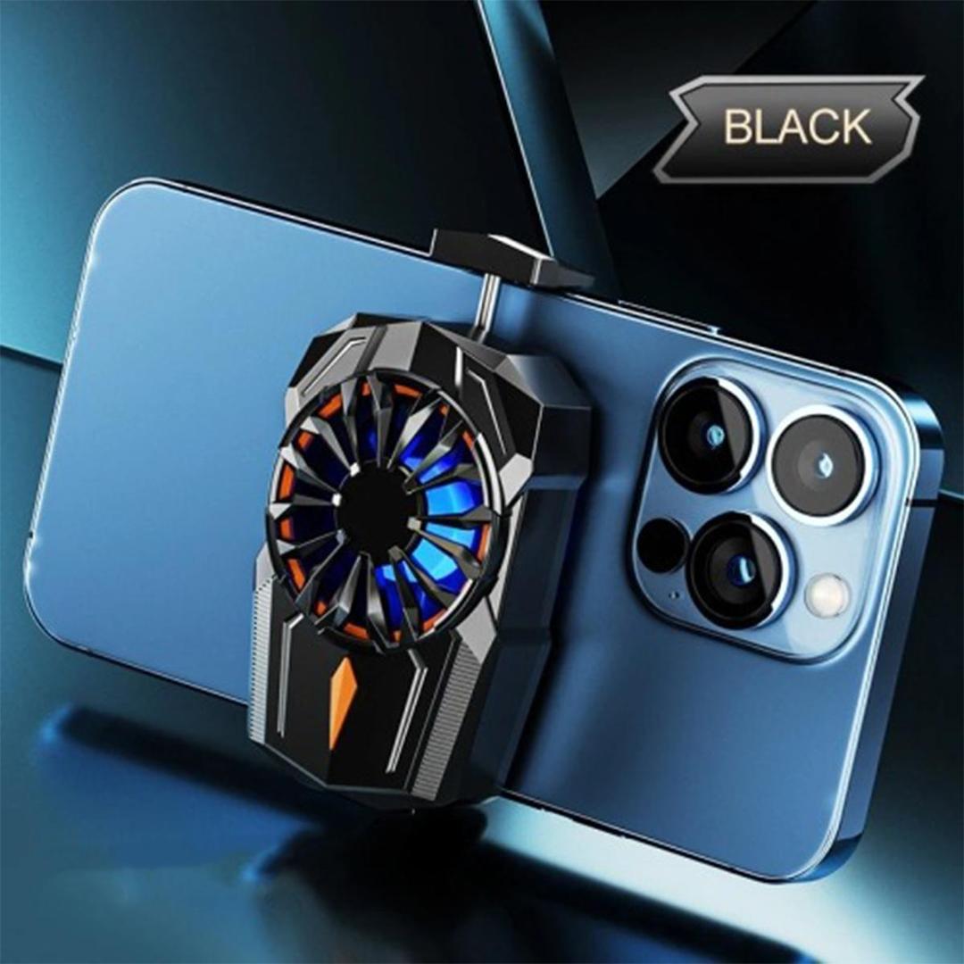 Phone case with cooling fan attachment on a blue phone, labeled 'Black'.