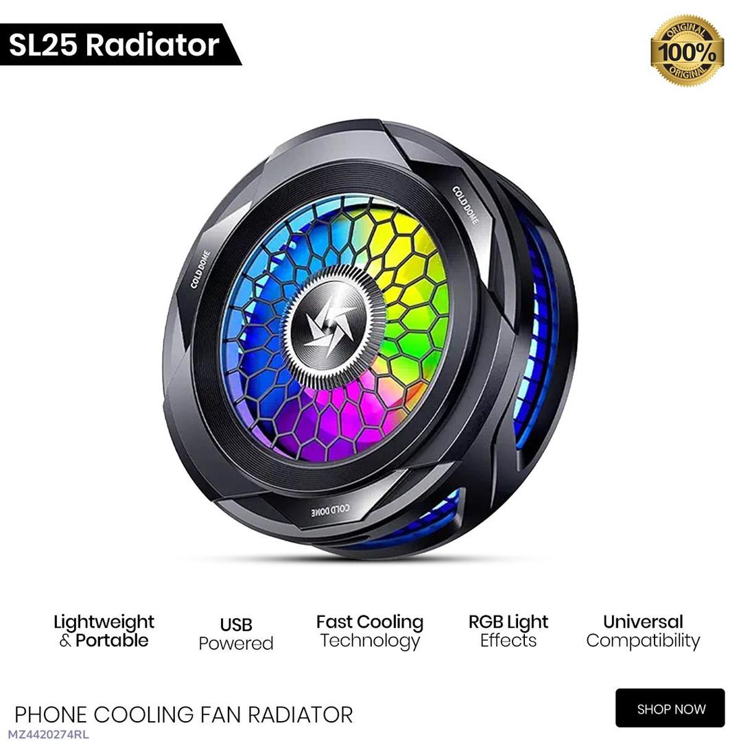 Phone cooling fan radiator with RGB light effects on a white background