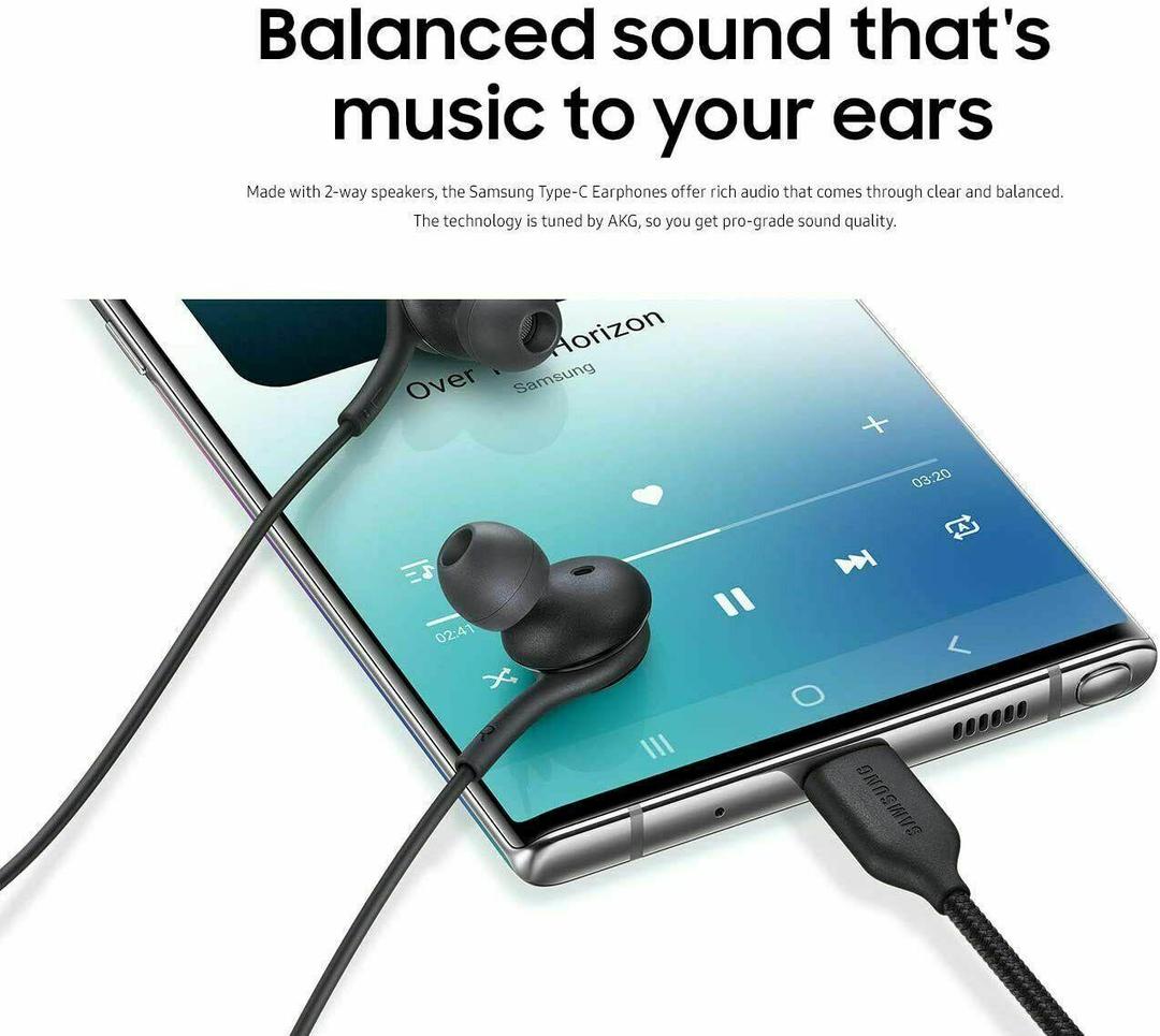 Samsung earphones with a smartphone displaying music app interface on a white background