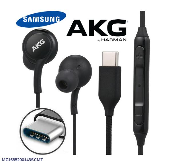Samsung AKG earbuds with USB-C connector on a white background