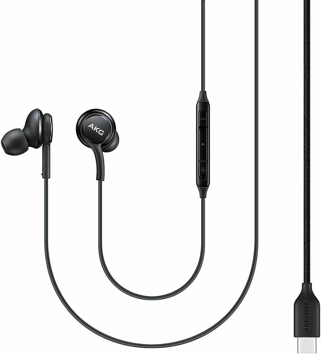 Black AKG earbuds with cable on a white background