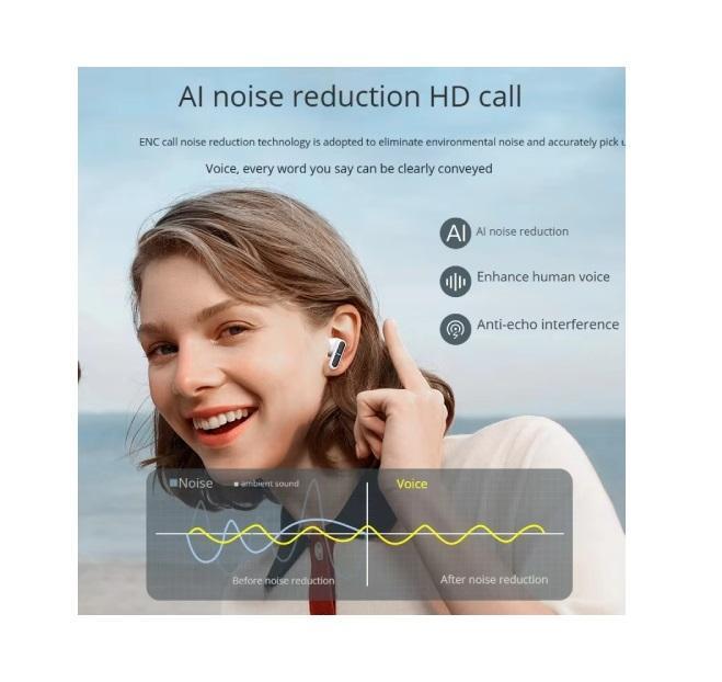 Person wearing wireless earbuds with AI noise reduction technology displayed on screen