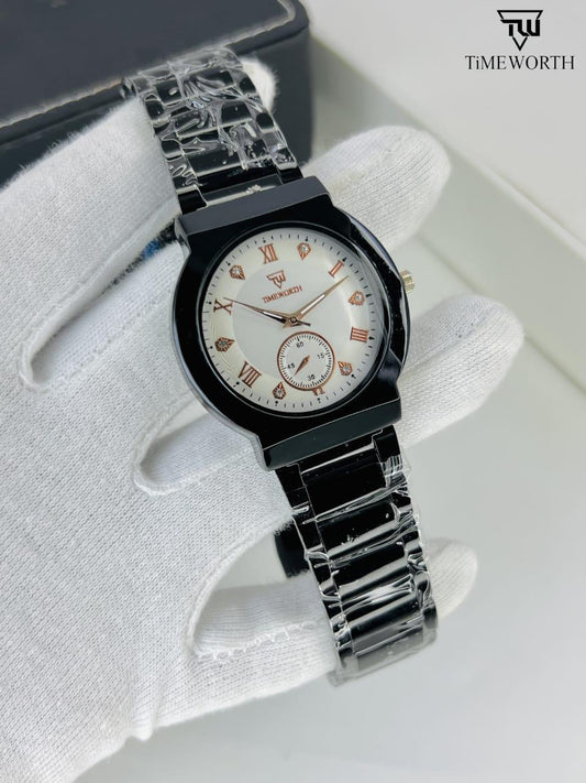 Timepiece with black and silver design on a white background, featuring the brand 'TimeWorth'.