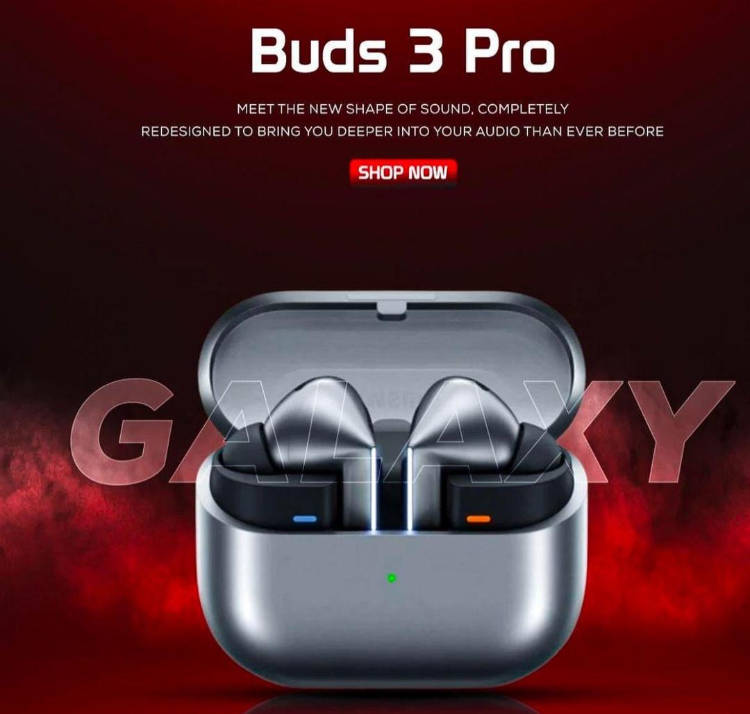 Samsung Buds 3 Pro earbuds in a charging case with a red and black background