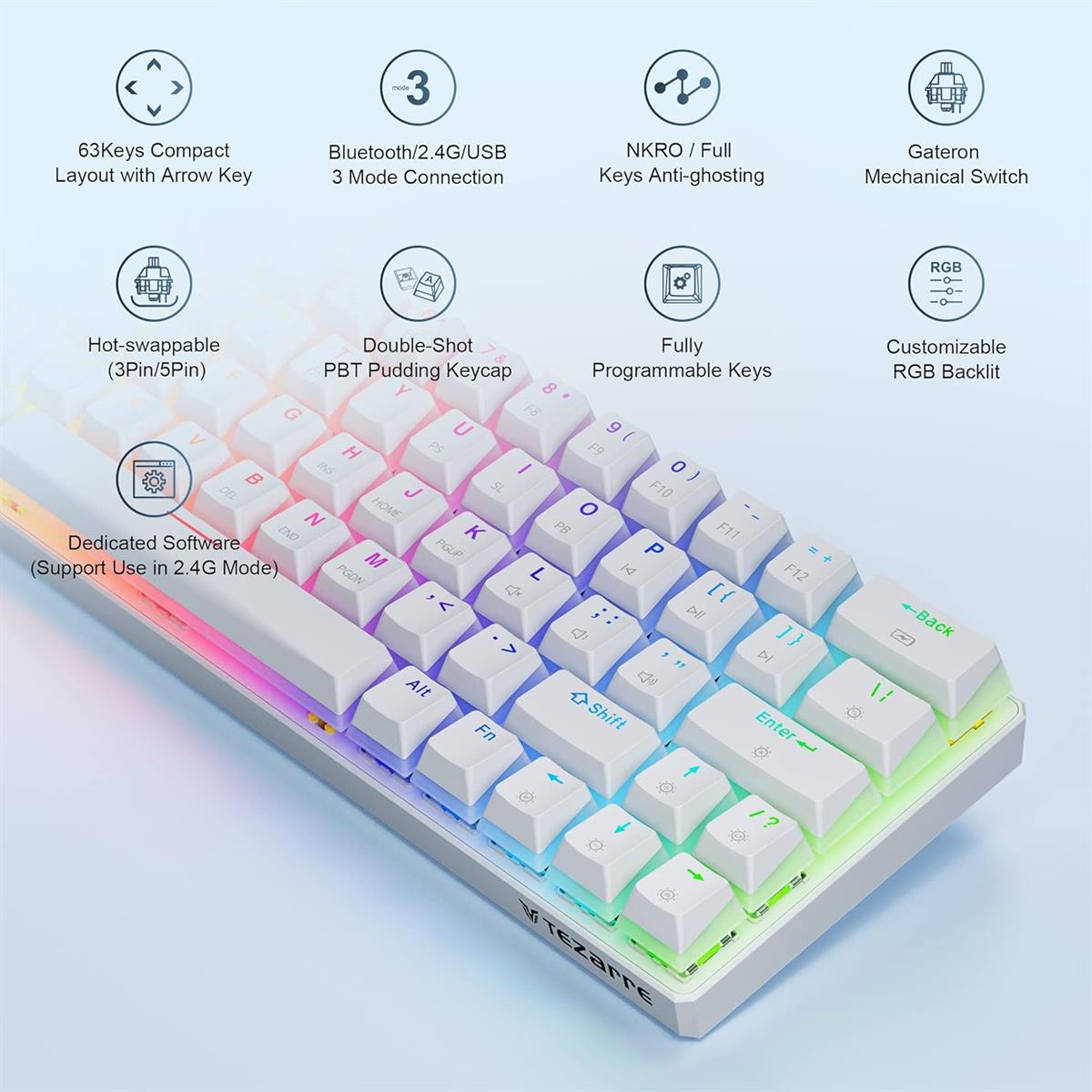 Keyboard with RGB backlighting and feature icons on a light blue background