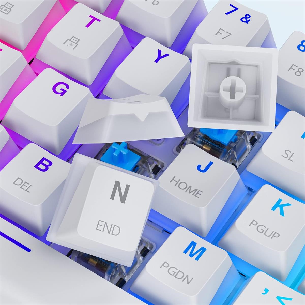 Close-up of white keyboard keys with blue accents on a multicolored background