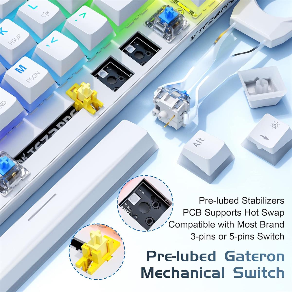 Mechanical keyboard components with pre-lubed Gateron switches on a light blue background