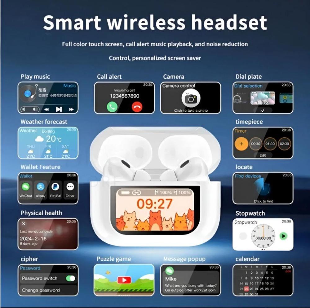 Smart wireless headset with touch screen and various functions displayed on a blue background
