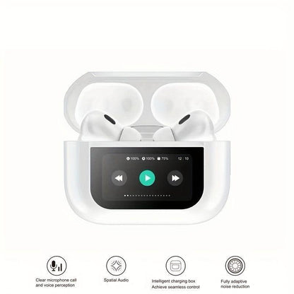 Wireless earbuds in a charging case with control display on a white background