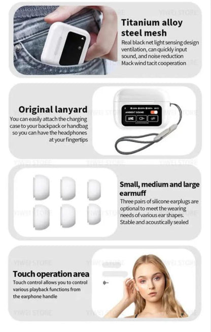 Product features of earphones with text on titanium alloy, steel mesh, lanyard, earmuff size options, and touch control.
