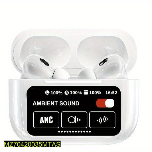 Display earbuds White wireless earbuds in a transparent case with control display on a white background