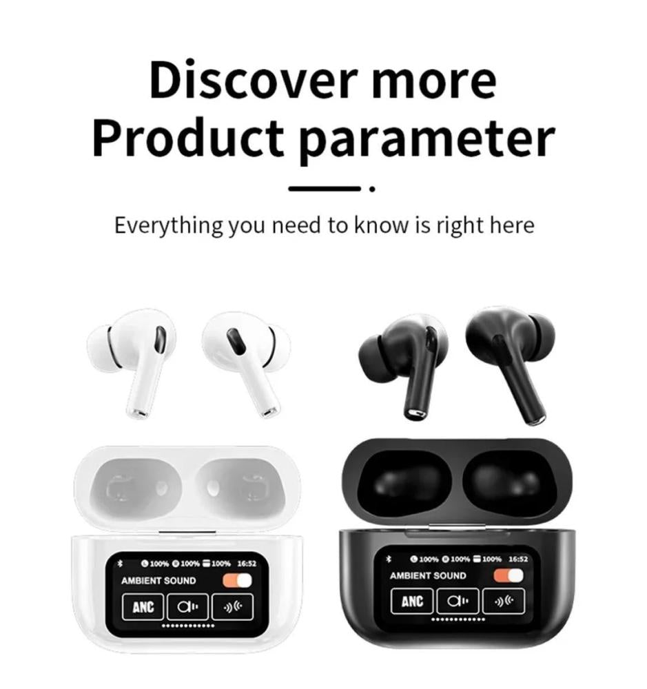 Wireless earbuds with charging case on a white background