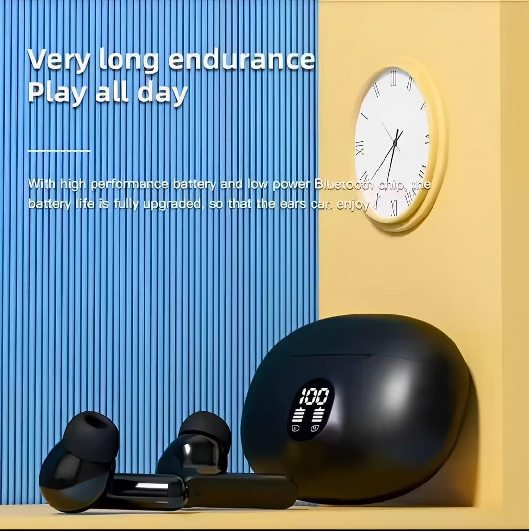 Black wireless earbuds with charging case on a blue and yellow background with text about battery life.