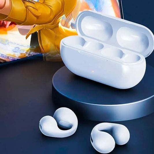 White wireless earbuds with charging case. 