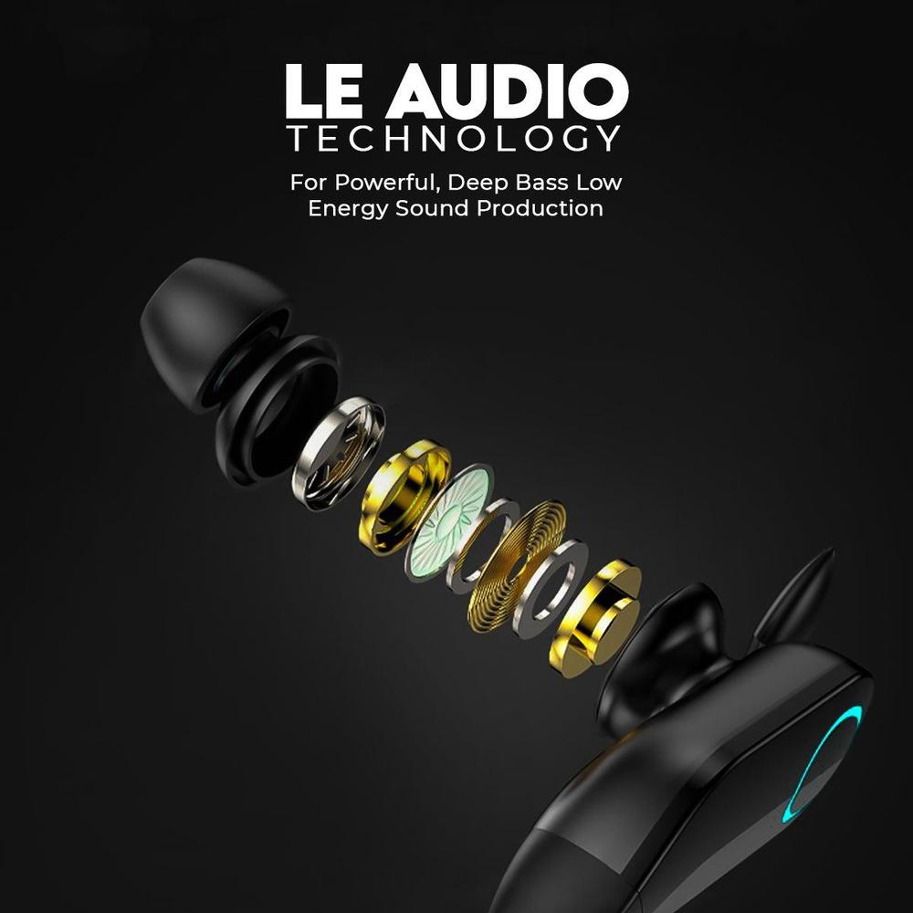 Black earbud with metallic components on a black background, featuring 'LE Audio Technology' 