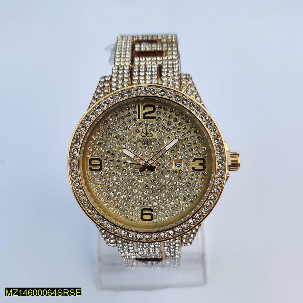 Gold watch with diamond-studded face on a light gray background