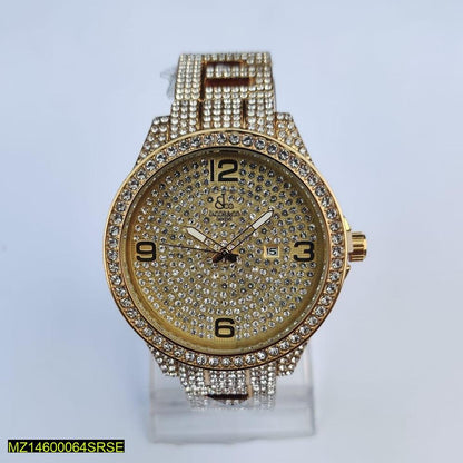 Gold watch with diamond-studded face on a light gray background