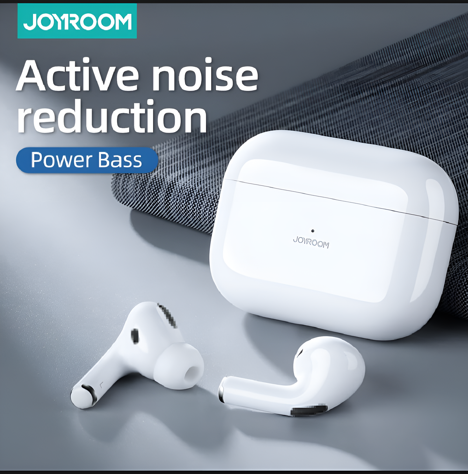 Ultra low letency. White wireless earbuds with charging case, featuring 'Joyroom'active noise reduction. 