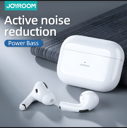 Ultra low letency. White wireless earbuds with charging case, featuring 'Joyroom'active noise reduction. 