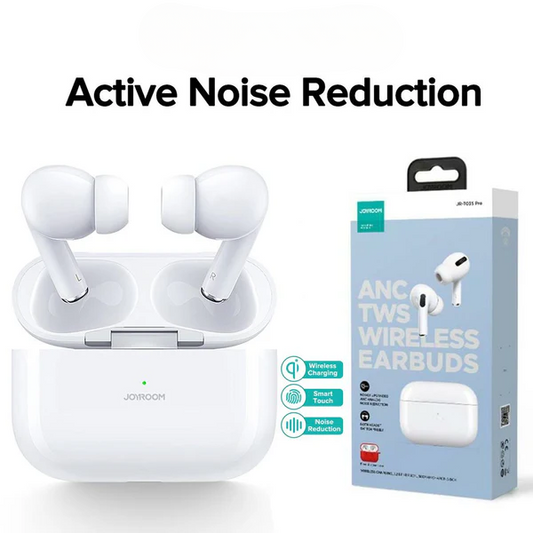 White wireless earbuds with charging case and JOYOON packaging on a white background