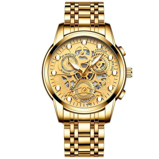 Gold wristwatch with intricate design on a white background