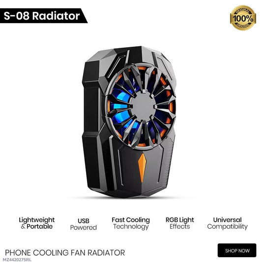 Phone cooling fan radiator with RGB lighting effects on a white background