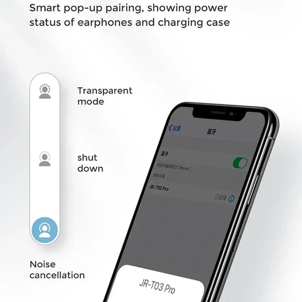 Smart pop-up interface on a smartphone showing power status of earphones and charging case with icons for transparent mode, shutdown, and noise cancellation.