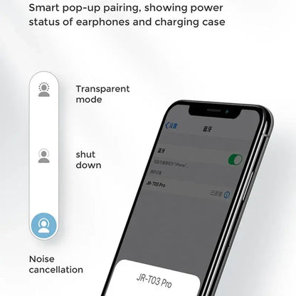 Smart pop-up interface on a smartphone showing power status of earphones and charging case with icons for transparent mode, shutdown, and noise cancellation.