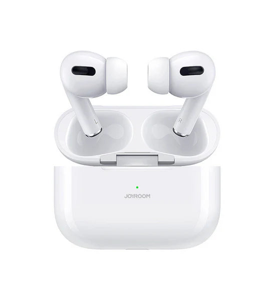 White wireless earbuds with charging case on a white background