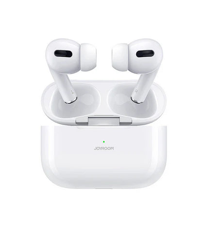 White wireless earbuds with charging case on a white background
