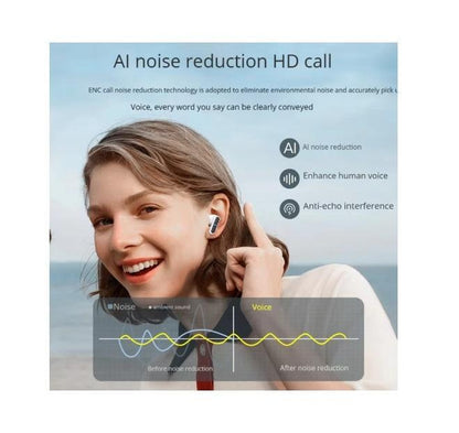 Person wearing wireless earbuds with AI noise reduction technology displayed on screen