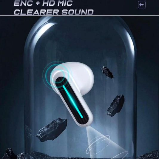Wireless earbud with sound wave illustration in a glass dome against a dark space-themed background.