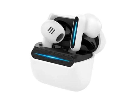 Wireless earbuds with charging case on a white background