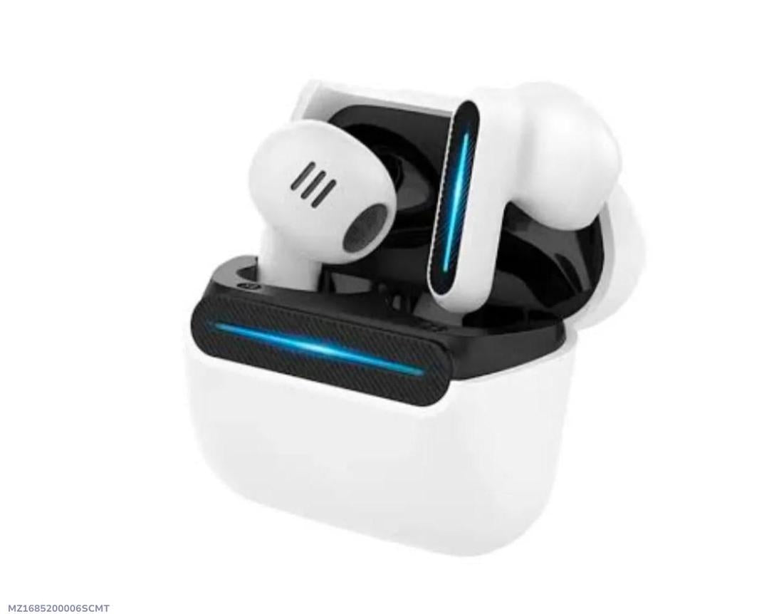 White wireless earbuds with charging case on a white background