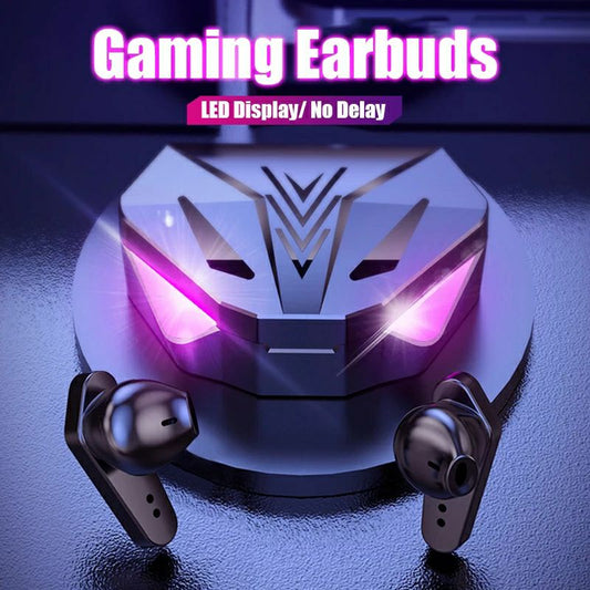 Gaming earbuds with LED display and no delay feature on a dark background