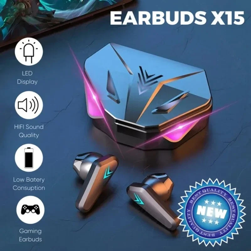 Earbuds X15 with charging case on a dark blue background, featuring LED display, HIFI sound quality, low battery consumption, and gaming earbuds capabilities.