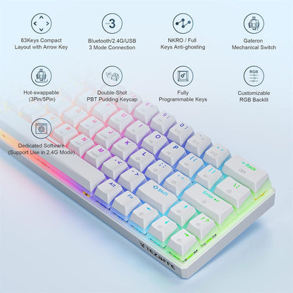 Keyboard with RGB backlighting and feature icons on a light blue background